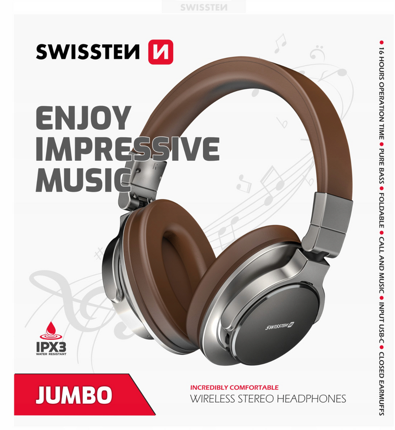 Swissten Jumbo Pure Bass IPX3 Wireless Stereo Headphones - Brown My Outlet Store