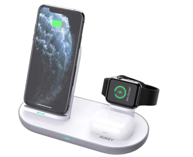Aukey 3in1 AirCore Wireless Charging Station Stand Charging Dock - Black/White My Outlet Store