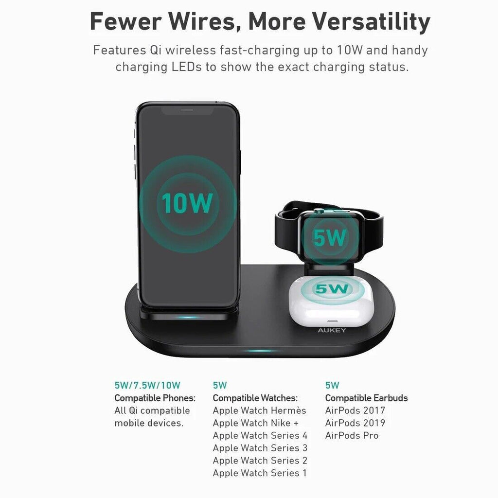 Aukey 3in1 AirCore Wireless Charging Station Stand Charging Dock - Black/White My Outlet Store