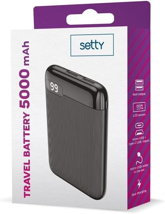 Setty Travel Battery Powerbank 5000mAh 2xUSB Port - Black My Outlet Store