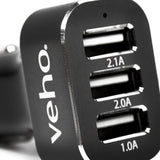 VEHO TRIPLE USB 5V 5.1A CAR CHARGER FOR USB CHARGED DEVICES - BLACK - VAA-010 My Outlet Store Ltd.