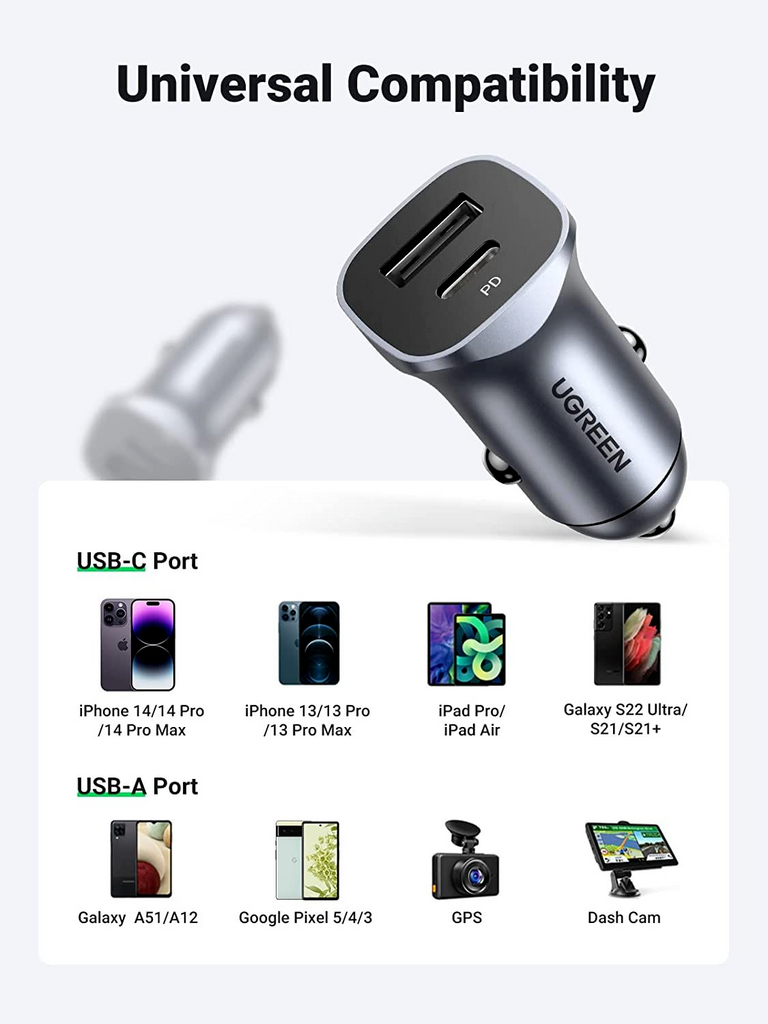 Genuine UGREEN 24W USB C Car Charger PD 20W & QC3.0 Dual Ports Space Grey My Outlet Store