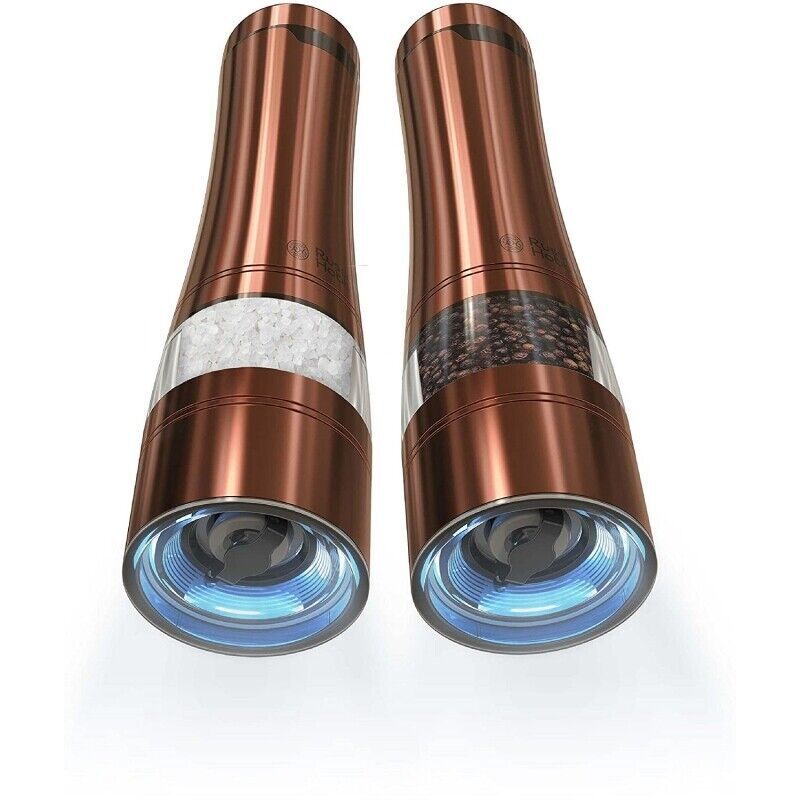 RUSSELL HOBBS ELECTRIC PEPPER MILL SALT & PEPPER SET W/ LIGHT & CAPS - COPPER My Outlet Store